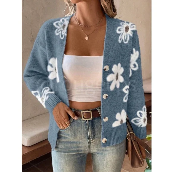 Blue Cardigan Knit Flower Textured Button Front Stretchy, Soft - Picture 6 of 9